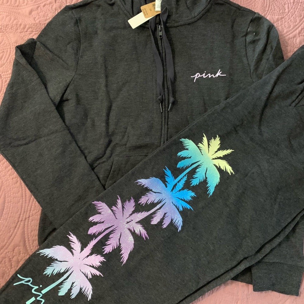 ❤️SOLD OUT❤️ Pink 2-Piece Shine Palm Zip Up Hoodie & Campus Sweatpants - Picture 3 of 8